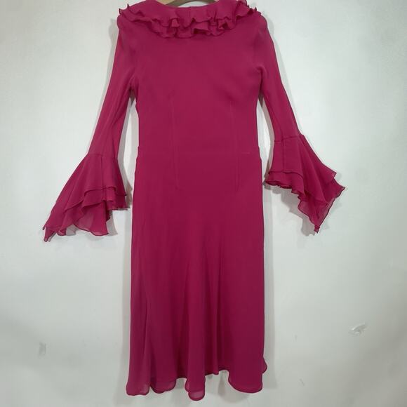 Express Silk Fuchsia Ruffle Wrap Midi Dress Women’s Size 3/4 Long Sleeve Flare 4 - Picture 8 of 10
